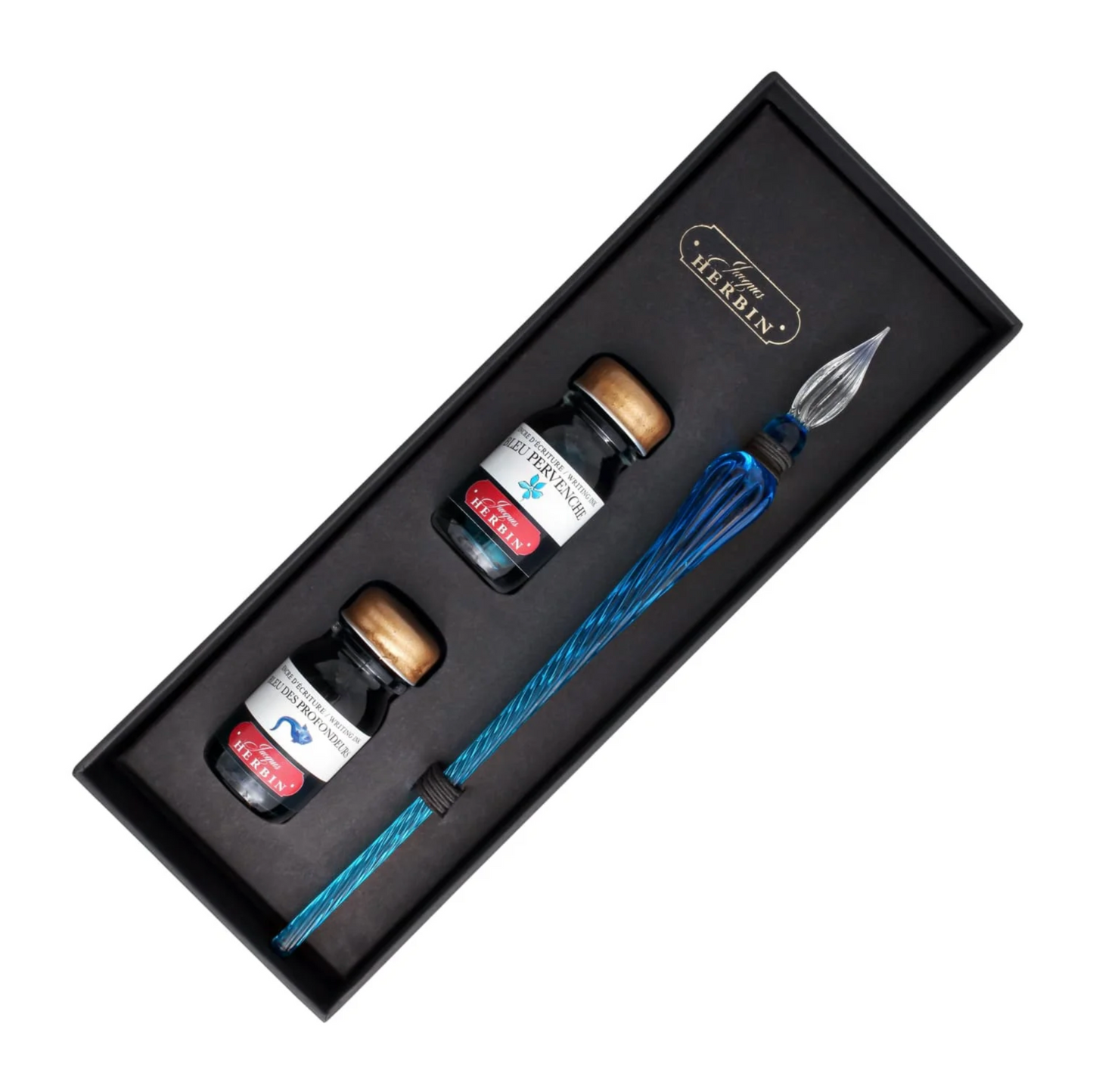 Jacques Herbin Glass Dip Pen and 2 Ink Gift Set-Blue