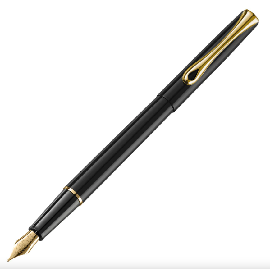 Diplomat Traveller Black Lacquer with Gold Trim Fountain Pen